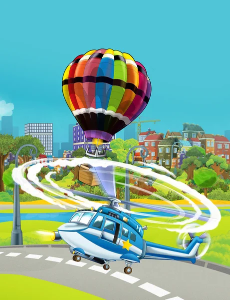 Cartoon scene with police vehicle helicopter flying near park road and colorful balloon flying over water - illustration for children — Stock Photo, Image