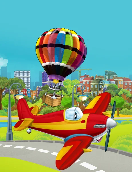 Escena de dibujos animados con el avión del vehículo bombero volando cerca de la carretera del parque y globo de colores volando sobre el agua - ilustración para los niños —  Fotos de Stock
