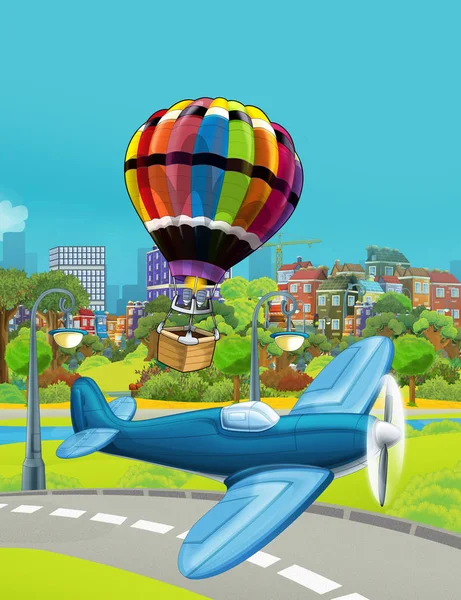 Tecknad scen med polisfordon plan flyger nära park väg och färgglada ballong flyger över vattnet - illustration för barn — Stockfoto