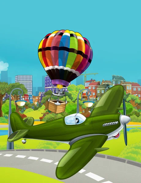 Cartoon scene with army military vehicle plane flying near park road and colorful balloon flying over the water - illustration for children — Stock Photo, Image