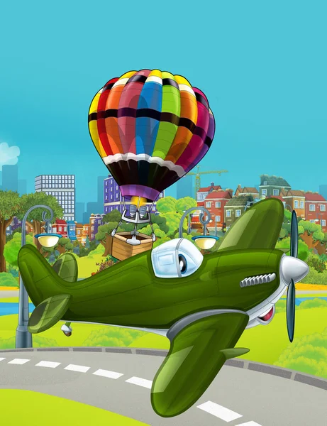 Cartoon scene with army military vehicle plane flying near park road and colorful balloon flying over the water - illustration for children — Stock Photo, Image