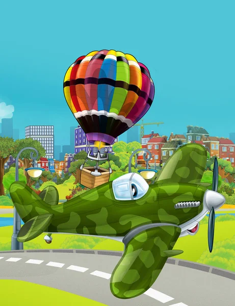 Cartoon scene with army military vehicle plane flying near park road and colorful balloon flying over the water - illustration for children — Stock Photo, Image