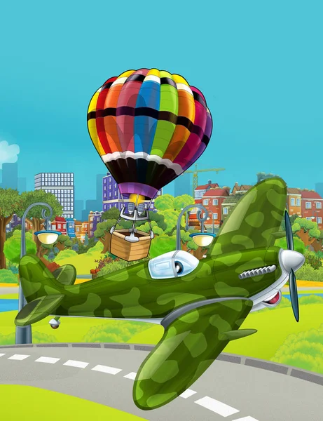 Cartoon-Szene mit einem Militärflugzeug in der Nähe der Parkstraße und einem bunten Luftballon, der über das Wasser fliegt - Illustration für Kinder — Stockfoto