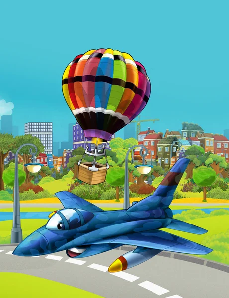Askeri araç jeti savaş uçağının park yolu yakınında uçtuğu karikatür sahnesi ve suyun üzerinde uçan balon - çocuklar için çizimler — Stok fotoğraf