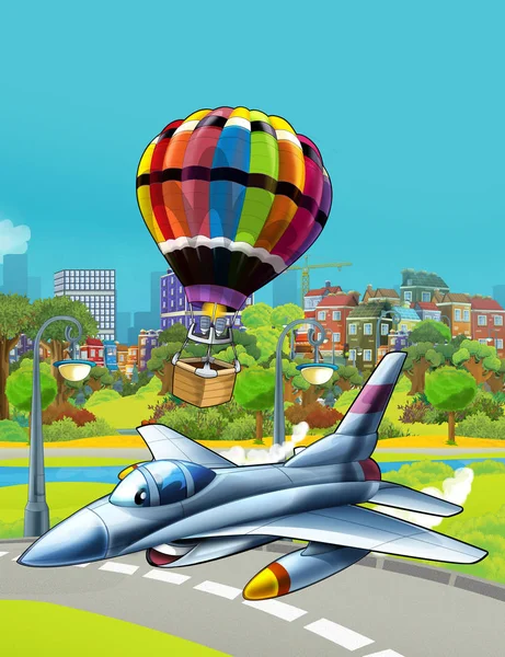 Cena dos desenhos animados com avião de caça a jato do exército militar voando perto da estrada do parque e balão voando sobre a água - ilustração para crianças — Fotografia de Stock