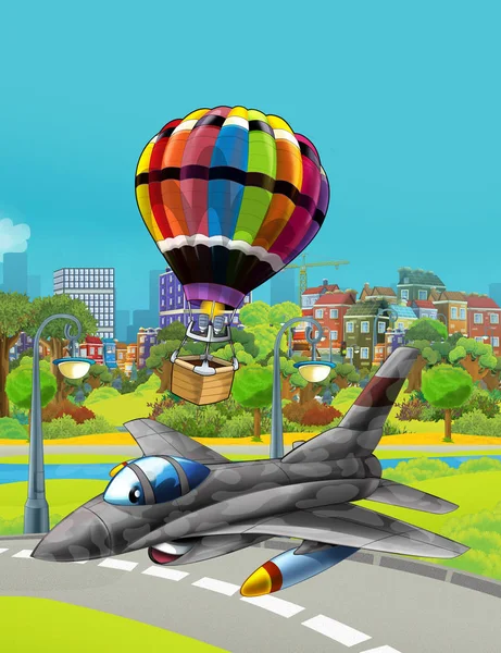 Cartoon scene with military army vehicle jet fighter plane flying near park road and balloon flying over the water - illustration for children — Stock Photo, Image