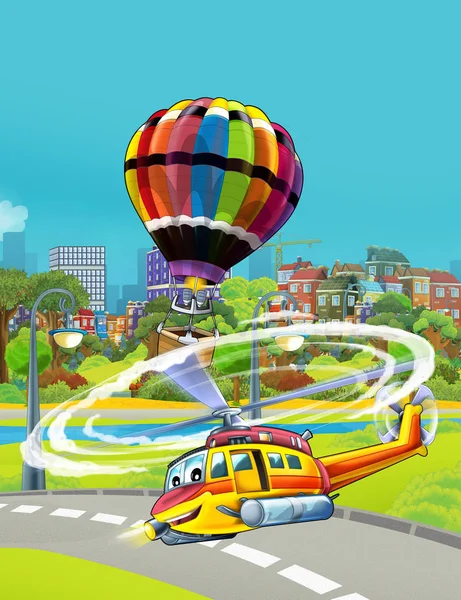 Kreslená scéna s hasičským záchranným vozidlem vrtulník létání v blízkosti parku silnici a barevný balón létání nad vodou - ilustrace pro děti — Stock fotografie