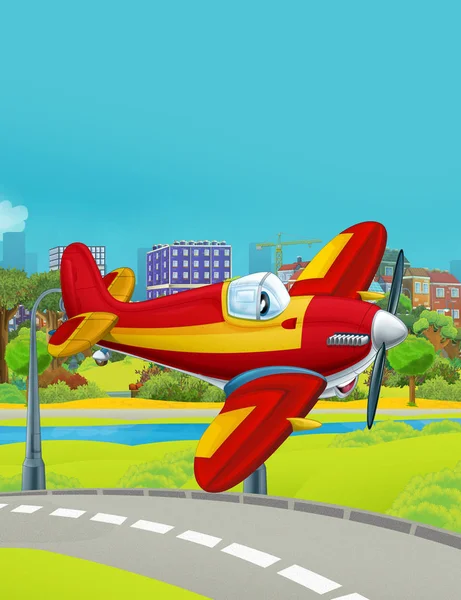 Cena dos desenhos animados com avião veículo bombeiro voando perto da estrada do parque - ilustração para crianças — Fotografia de Stock