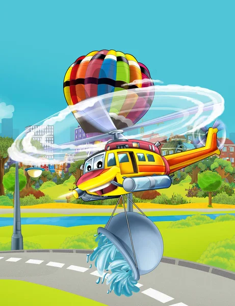 Cartoon scene with fireman emergency vehicle helicopter flying near park road and colorful balloon flying over the water - illustration for children — Stock Photo, Image