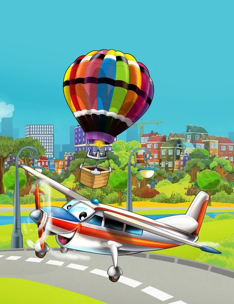 Мультяшна сцена з літаком транспортного засобу, що летить біля паркової дороги і барвиста повітряна куля, що летить над водою ілюстрація для дітей — стокове фото