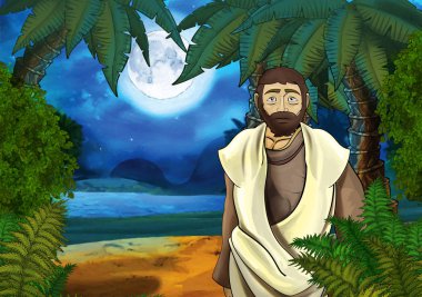 Yunan ya da Romalı antik karakterin deniz ya da okyanus yakınlarındaki ormanda gezdiği ve macera yaşadığı karikatür sahnesi - çocuklar için illüstrasyon