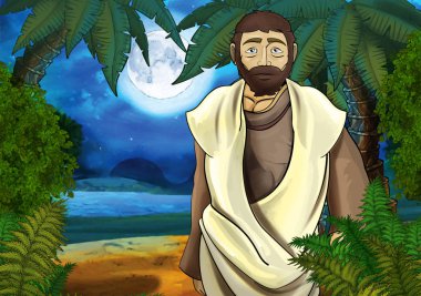 Yunan ya da Romalı antik karakterin deniz ya da okyanus yakınlarındaki ormanda gezdiği ve macera yaşadığı karikatür sahnesi - çocuklar için illüstrasyon