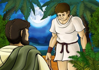 Yunan ya da Romalı antik karakterin deniz ya da okyanus yakınlarındaki ormanda gezdiği ve macera yaşadığı karikatür sahnesi - çocuklar için illüstrasyon