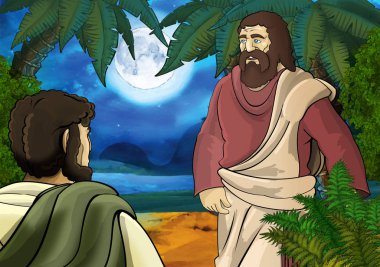 Yunan ya da Romalı antik karakterin deniz ya da okyanus yakınlarındaki ormanda gezdiği ve macera yaşadığı karikatür sahnesi - çocuklar için illüstrasyon