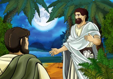 Yunan ya da Romalı antik karakterin deniz ya da okyanus yakınlarındaki ormanda gezdiği ve macera yaşadığı karikatür sahnesi - çocuklar için illüstrasyon