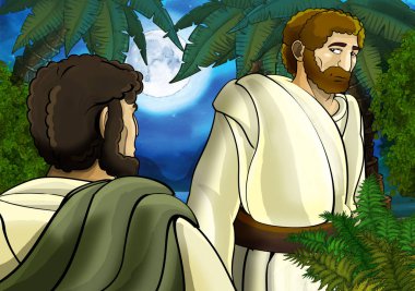 Yunan ya da Romalı antik karakterin deniz ya da okyanus yakınlarındaki ormanda gezdiği ve macera yaşadığı karikatür sahnesi - çocuklar için illüstrasyon