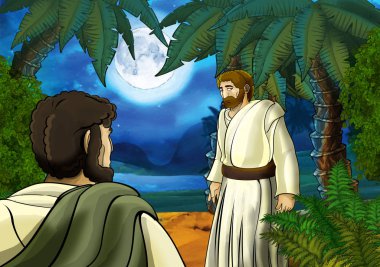 Yunan ya da Romalı antik karakterin deniz ya da okyanus yakınlarındaki ormanda gezdiği ve macera yaşadığı karikatür sahnesi - çocuklar için illüstrasyon