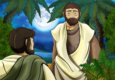 Yunan ya da Romalı antik karakterin deniz ya da okyanus yakınlarındaki ormanda gezdiği ve macera yaşadığı karikatür sahnesi - çocuklar için illüstrasyon