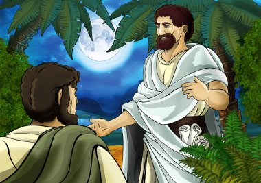 Yunan ya da Romalı antik karakterin deniz ya da okyanus yakınlarındaki ormanda gezdiği ve macera yaşadığı karikatür sahnesi - çocuklar için illüstrasyon