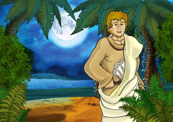 Мультяшна сцена з грецьким або римським древнім персонажем подорожує і має пригоди в джунглях біля моря або океану ілюстрація для дітей — стокове фото