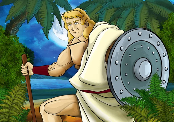 Zeichentrickszene mit einer griechischen oder römischen antiken Figur, die unterwegs ist und Abenteuer im Dschungel am Meer oder Meer erlebt - Illustration für Kinder — Stockfoto