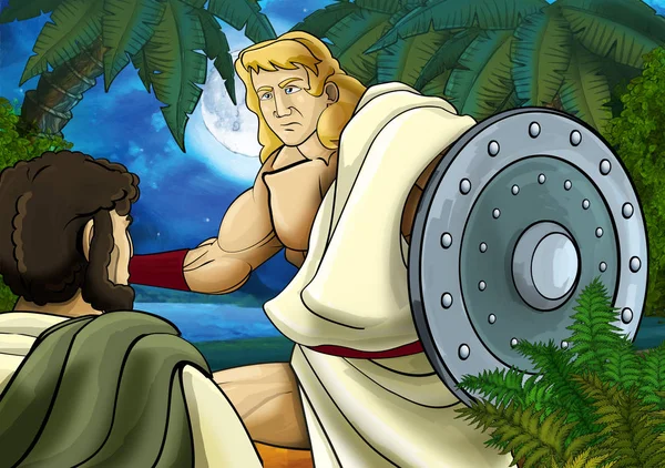 Scène de dessin animé avec un personnage grec ou romain ancien voyageant et ayant l'aventure dans la jungle près de la mer ou de l'océan - illustration pour enfants — Photo