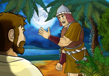 Yunan ya da Romalı antik karakterin deniz ya da okyanus yakınlarındaki ormanda gezdiği ve macera yaşadığı karikatür sahnesi - çocuklar için illüstrasyon
