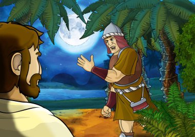 Yunan ya da Romalı antik karakterin deniz ya da okyanus yakınlarındaki ormanda seyahat edip macera yaşadığı karikatür sahnesi - Yunan ya da Roma 'nın antik karakterlerinin yer aldığı karikatür sahneleri