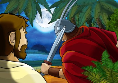 Yunan ya da Romalı antik karakterin deniz ya da okyanus yakınlarındaki ormanda gezdiği ve macera yaşadığı karikatür sahnesi - çocuklar için illüstrasyon