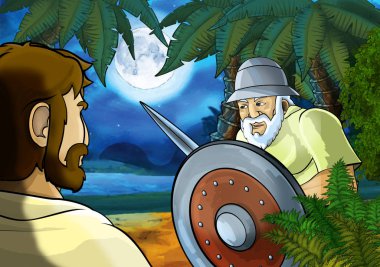 Yunan ya da Romalı antik karakterin deniz ya da okyanus yakınlarındaki ormanda gezdiği ve macera yaşadığı karikatür sahnesi - çocuklar için illüstrasyon