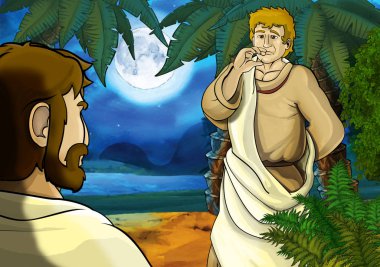 Yunan ya da Romalı antik karakterin deniz ya da okyanus yakınlarındaki ormanda gezdiği ve macera yaşadığı karikatür sahnesi - çocuklar için illüstrasyon