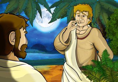 Yunan ya da Romalı antik karakterin deniz ya da okyanus yakınlarındaki ormanda gezdiği ve macera yaşadığı karikatür sahnesi - çocuklar için illüstrasyon