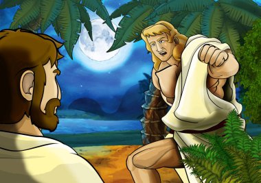 Yunan ya da Romalı antik karakterin deniz ya da okyanus yakınlarındaki ormanda gezdiği ve macera yaşadığı karikatür sahnesi - çocuklar için illüstrasyon