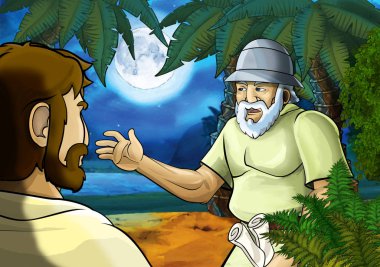 Yunan ya da Romalı antik karakterin deniz ya da okyanus yakınlarındaki ormanda gezdiği ve macera yaşadığı karikatür sahnesi - çocuklar için illüstrasyon