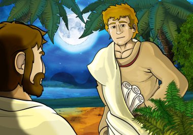 Yunan ya da Romalı antik karakterin deniz ya da okyanus yakınlarındaki ormanda gezdiği ve macera yaşadığı karikatür sahnesi - çocuklar için illüstrasyon