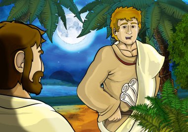 Yunan ya da Romalı antik karakterin deniz ya da okyanus yakınlarındaki ormanda gezdiği ve macera yaşadığı karikatür sahnesi - çocuklar için illüstrasyon