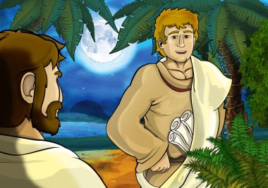 Yunan ya da Romalı antik karakterin deniz ya da okyanus yakınlarındaki ormanda gezdiği ve macera yaşadığı karikatür sahnesi - çocuklar için illüstrasyon