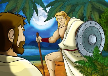 Yunan ya da Romalı antik karakterin deniz ya da okyanus yakınlarındaki ormanda gezdiği ve macera yaşadığı karikatür sahnesi - çocuklar için illüstrasyon