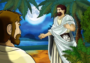 Yunan ya da Romalı antik karakterin deniz ya da okyanus yakınlarındaki ormanda gezdiği ve macera yaşadığı karikatür sahnesi - çocuklar için illüstrasyon