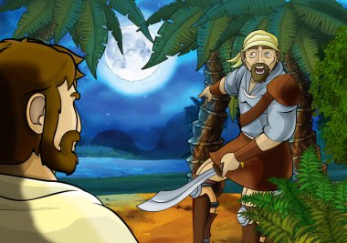 Yunan ya da Romalı antik karakterin deniz ya da okyanus yakınlarındaki ormanda gezdiği ve macera yaşadığı karikatür sahnesi - çocuklar için illüstrasyon