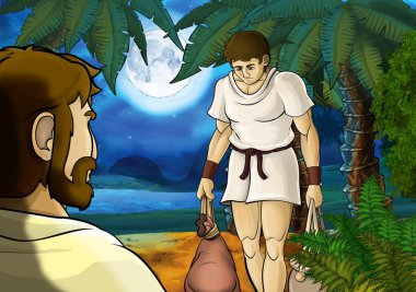 Yunan ya da Romalı antik karakterin deniz ya da okyanus yakınlarındaki ormanda gezdiği ve macera yaşadığı karikatür sahnesi - çocuklar için illüstrasyon