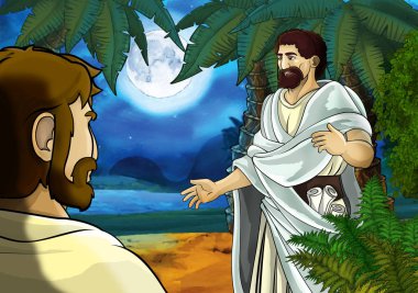 Yunan ya da Romalı antik karakterin deniz ya da okyanus yakınlarındaki ormanda gezdiği ve macera yaşadığı karikatür sahnesi - çocuklar için illüstrasyon