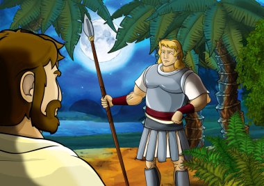 Yunan ya da Romalı antik karakterin deniz ya da okyanus yakınlarındaki ormanda gezdiği ve macera yaşadığı karikatür sahnesi - çocuklar için illüstrasyon