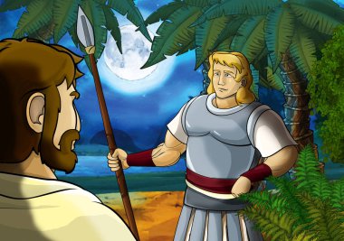 Yunan ya da Romalı antik karakterin deniz ya da okyanus yakınlarındaki ormanda gezdiği ve macera yaşadığı karikatür sahnesi - çocuklar için illüstrasyon