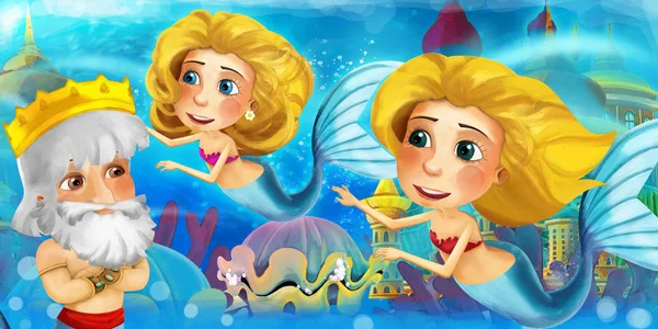 Tecknad ocean och sjöjungfrun i undervattensriket simma och ha kul - illustration för barn — Stockfoto