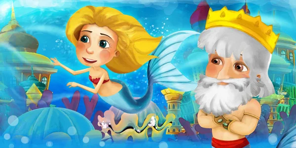 Мультфильм "Океан и русалка в подводном королевстве" плавает и развлекается - иллюстрация для детей — стоковое фото
