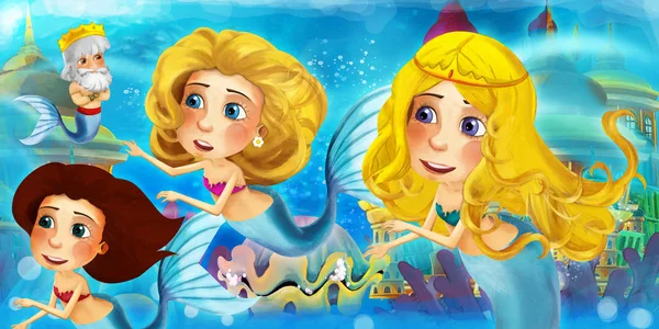 Tecknad ocean och sjöjungfrun prinsessa i undervattensriket simning och ha kul - illustration för barn — Stockfoto