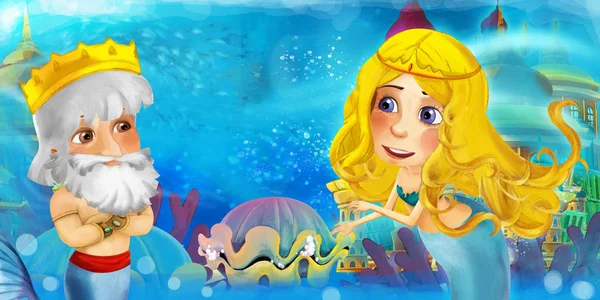 Cartoon ocean and the mermaid in underwater kingdom swimming and having fun - illustration for children