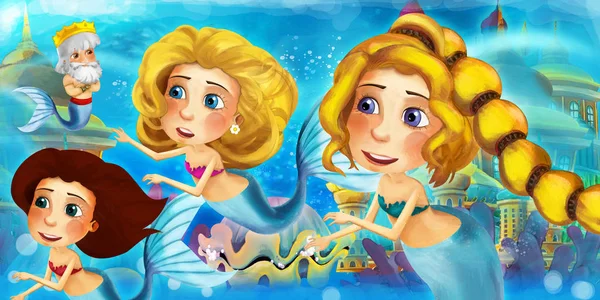 El océano de dibujos animados y la sirena en el reino submarino nadando y divirtiéndose - ilustración para niños —  Fotos de Stock