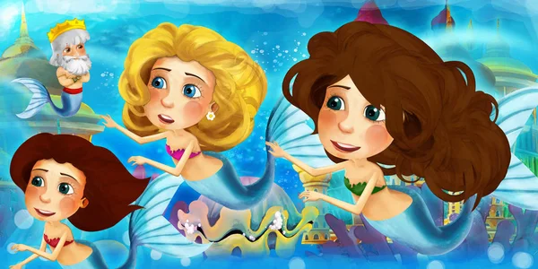 Cartoon ocean and the mermaid in underwater kingdom swimming and having fun - illustration for children — Stock Photo, Image